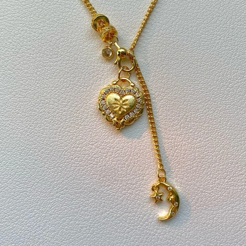 Gold Heart and Moon Pendant Necklace